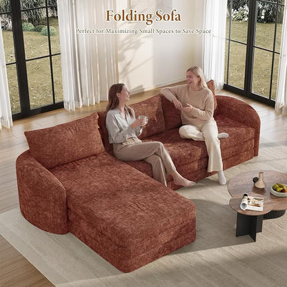 Vesgantti 110.2" Modular Sectional Sofa with Curved Armrest, 6 in 1 Convertible Folding Sleeper Sofa Bed, Chenille Boneless Couch for Living Room, No Assembly Required, Orange, Left Facing Chaise