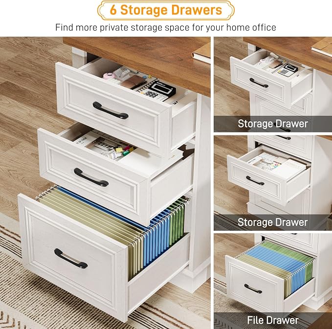 Vabches Farmhouse 59" L-Shaped Executive Desk with File Drawers, Wood Corner Sturdy Writing Workstation with Storage Drawers, Rustic Computer Writing Desk for Home Office & Study. Unique White