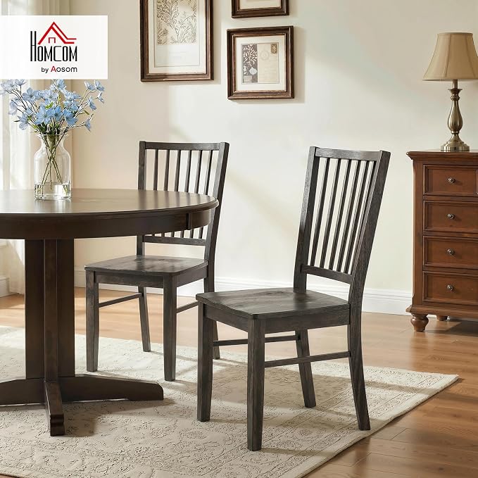 HOMCOM Farmhouse Dining Chairs Set of 2, Ergonomic Solid Wood Armless Kitchen Chairs with Rubberwood Legs for Dining Room, Kitchen, Charcoal Gray