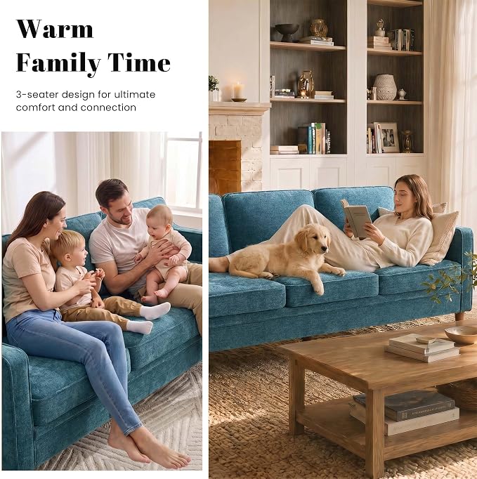 Kingfun 80" Chenille Sofa, 3 Seater Couch, Mid Century Modern Couches with Solid Wood Legs for Living Room Bedroom