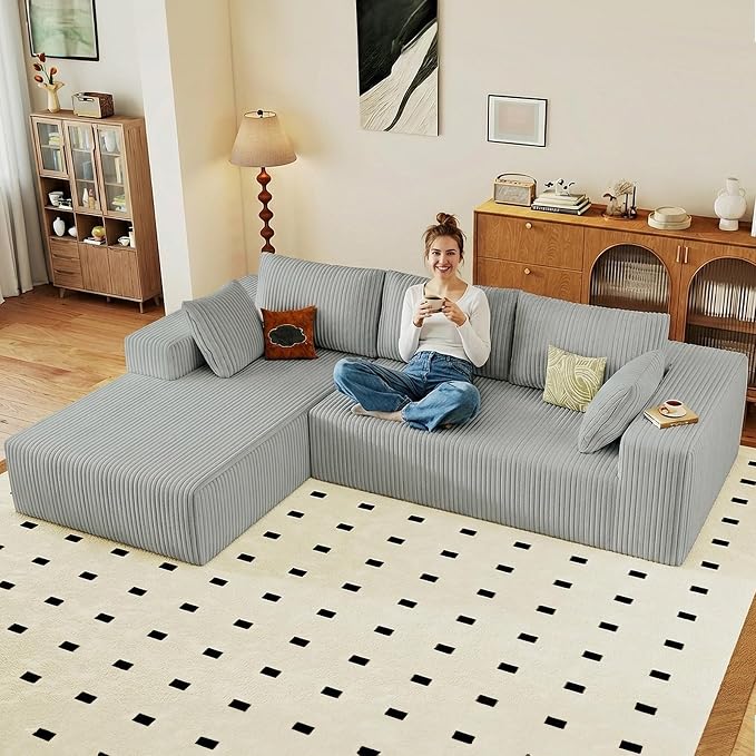 95" Cloud Sectional Couch with L-Shape Chaise, Modular Comfy Sofa Chaise Longue, Upholstered Corduroy Couches Sleeper with Deep Seat for Living Room, No Assembly Required(Light Grey, Left Facing)