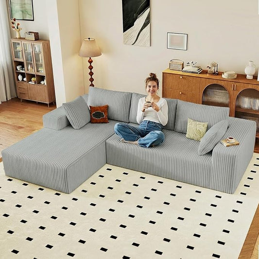 95" Cloud Sectional Couch with L-Shape Chaise, Modular Comfy Sofa Chaise Longue, Upholstered Corduroy Couches Sleeper with Deep Seat for Living Room, No Assembly Required(Light Grey, Left Facing)