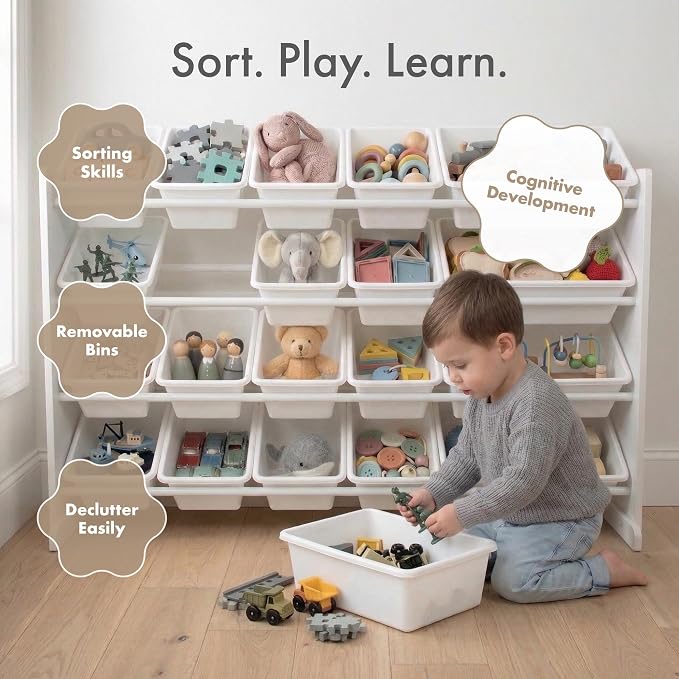Humble Crew Toy Storage Organizer with 20 Removable Storage Bins for Kids Playroom, 4-Tier Toddler Toy Organization, White/White
