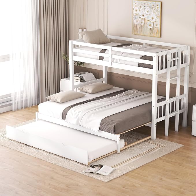 Extendable Bunk Bed with Trundle, Twin Over Double Twin Bunk Bed Frame, Upgraded Version Wooden Bunk Bed with Trundle, Pull-Out Bunk Bed Frame Can Be Extendable, No Spring Box Needed, White