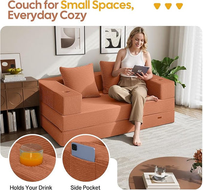COMAX Futon Sofa Bed, Convertible Sofa Bed, Folding Boneless Couches | Boneless Couch for living room, Fold Out Small Foldable Loveseat Floor Sleeper Mattress Lounge Space‑Saving, Light Orange