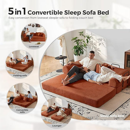 79" 5-in-1 Convertible Sofa Bed No Assembly, Boneless Couch Bed with High Density Foam, Foldable Sleeper Sofa, Corduroy Modular Couch for Apartment, Studio, Dorm Room, Small Space, Orange