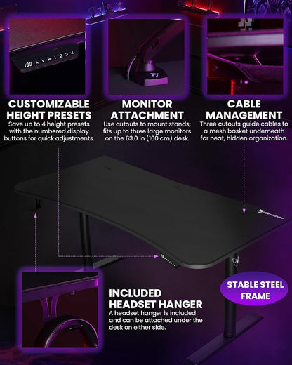 Arozzi Arena Moto Gamer Desk - 63x32” Electric Standing PC Gaming Desk with Storage for Cables - Dual Motor Steel Frame & Full-Surface Washable Mousepad - Pure Black