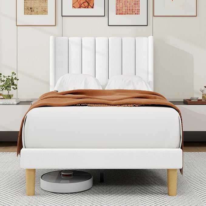 alazyhome Platform Bed Frame Twin Size with Upholstered Headboard, Solid Wood Slats Support, No Box Spring Needed, Noise Free, Easy Assembly, Modern Fabric Bed, White
