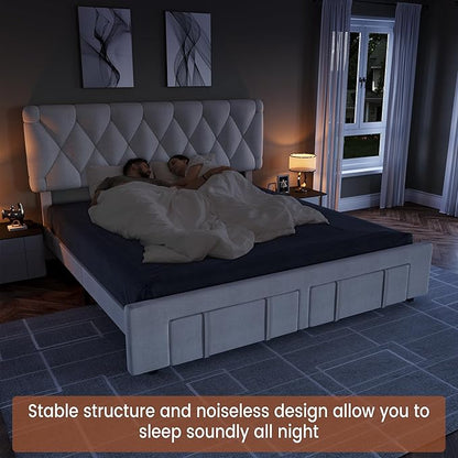 GarveeHome King Size Bed Frame, Upholstered Platform Bed Frame with Storage Drawers, Mattress Foundation with Solid Wooden Slats Support, No Box Spring Needed, Beige