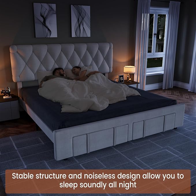GarveeHome Queen Size Bed Frame, Upholstered Platform Bed Frame with Storage Drawers, Mattress Foundation with Solid Wooden Slats Support, No Box Spring Needed, Beige