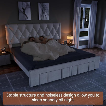 GarveeHome Queen Size Bed Frame, Upholstered Platform Bed Frame with Storage Drawers, Mattress Foundation with Solid Wooden Slats Support, No Box Spring Needed, Beige