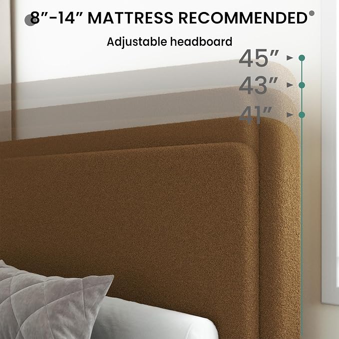 King Size Boucle Platform Bed Frame with Adjustable Headboard, Upholstered Cloud Bed, Solid Wooden Legs, No Box Spring Needed, Easy Assembly, Brown