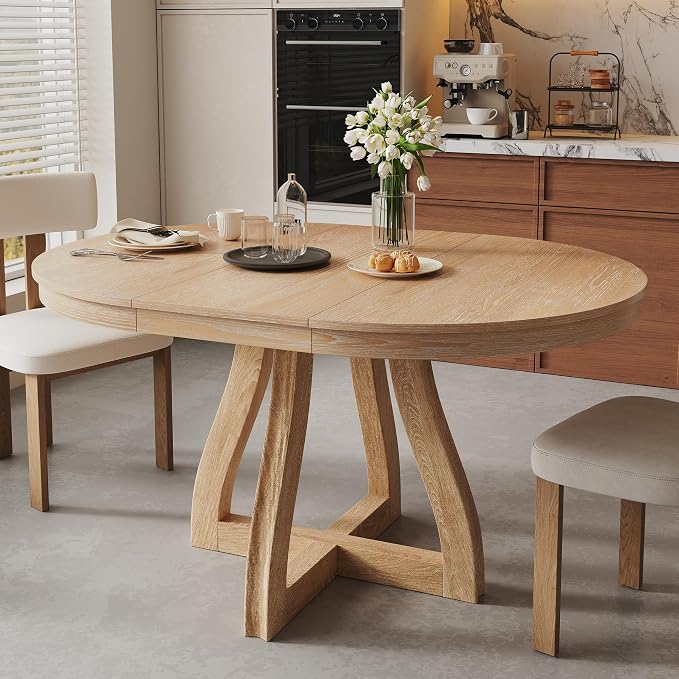 LUMISOL 42"-58" Extendable Round Dining Table for 4-6, Farmhouse Kitchen Table with 16” Middle Leaf and Curved Table Legs for Kitchen, Dining Room, Apartment, Natural Wood Wash