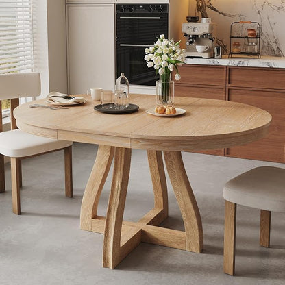 LUMISOL 42"-58" Extendable Round Dining Table for 4-6, Farmhouse Kitchen Table with 16” Middle Leaf and Curved Table Legs for Kitchen, Dining Room, Apartment, Natural Wood Wash