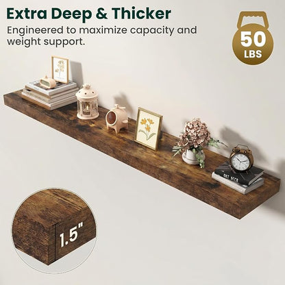 Floating Shelves for Wall, 55 Inch x 8 Inch Deep Wall Mounted Wood Shelf with Invisible Brackets for Storage & Display, Living Room Bedroom Kitchen, Rustic Brown, Set of 2
