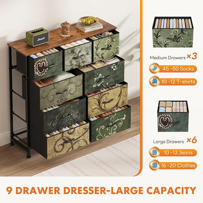 DUMOS 9 Drawer Dresser for Bedroom, Storage Organizer Chest of Drawers | Fabric Bins Storage Tower with Sturdy Metal Frame, Wood Tabletop for Closet, Vintage