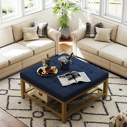 Befurtori Large Square Ottoman Coffee Table, Linen Solid Upholstered Footrest Ottoman with Solid Wood Shelf Storage Tufted Coffee Table for Bedroom Living Room, Navy Blue