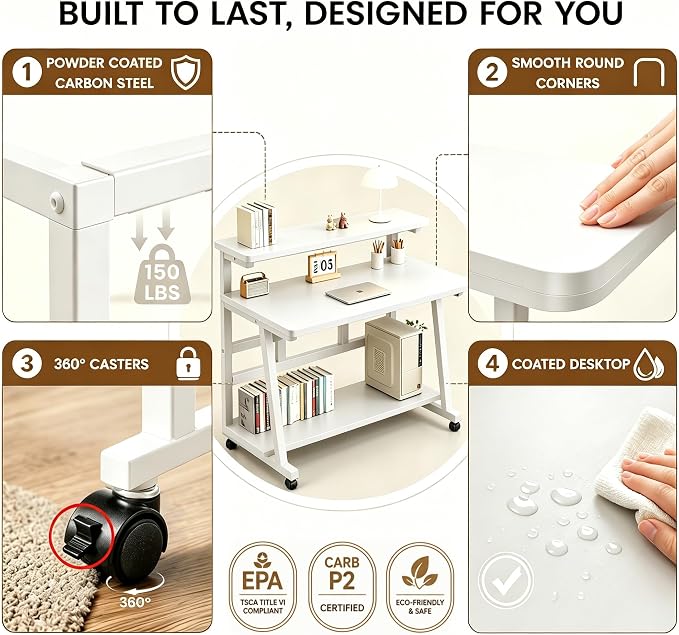 39.4 Inch Compact Rolling Computer Desk with Tier Worktable & Lockable Wheels, Small Computer Desk, Small Desk for Bedroom, Mobile Writing Workstation Easy Assembly for Home Office Small Spaces