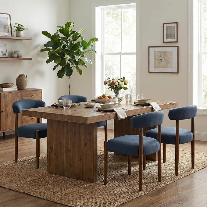 VKNOW Wooden Dining Chairs Set of 2, Modern Upholstered Dining Room Chairs with Walnut Wood Legs and Curved Backrest, Fabric Kitchen Chairs for Farmhouse/Living Room/Dining Room, Blue