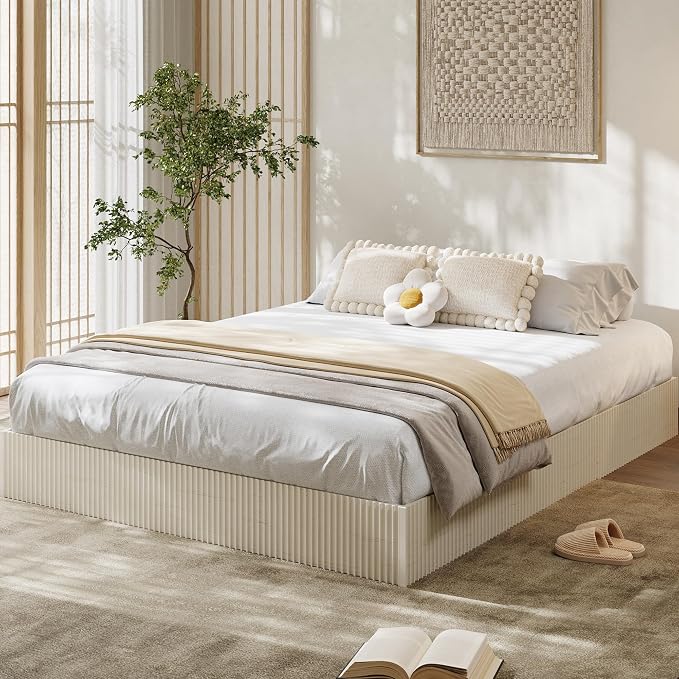 Garvee Queen Bed Frame, Wood Platform Bed with Fluted Design, Low Profile BedFrame, Minimalist Bed Base with Noise-Free, Easy Assembly, No Box Spring Needed, Cream