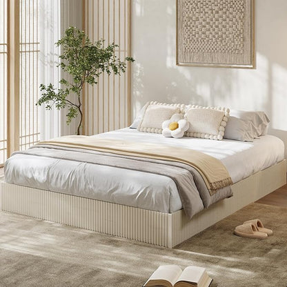 Garvee Queen Bed Frame, Wood Platform Bed with Fluted Design, Low Profile BedFrame, Minimalist Bed Base with Noise-Free, Easy Assembly, No Box Spring Needed, Cream