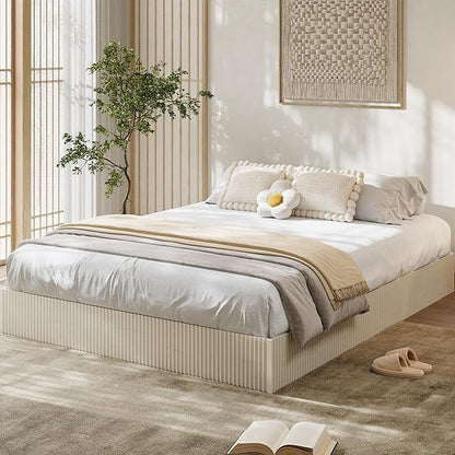 Garvee California King Bed Frame, Wood Platform Bed with Fluted Design, Low Profile BedFrame, Minimalist Bed Base with Noise-Free, Easy Assembly, No Box Spring Needed, Cream