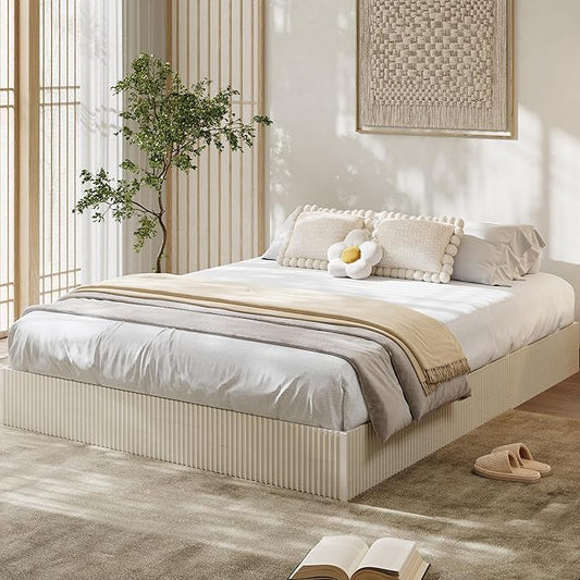 Garvee California King Bed Frame, Wood Platform Bed with Fluted Design, Low Profile BedFrame, Minimalist Bed Base with Noise-Free, Easy Assembly, No Box Spring Needed, Cream
