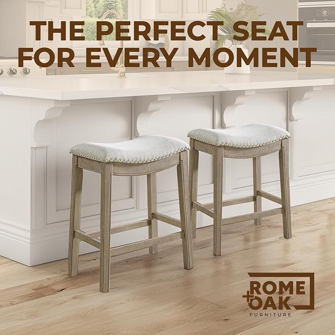 ROME + OAK Set of 2 Parker 26" Counter Stool, Backless Saddle Kitchen Barstool in Reclaimed Oak Finish with Ash Grey Fabric Upholstery Cushion Seat