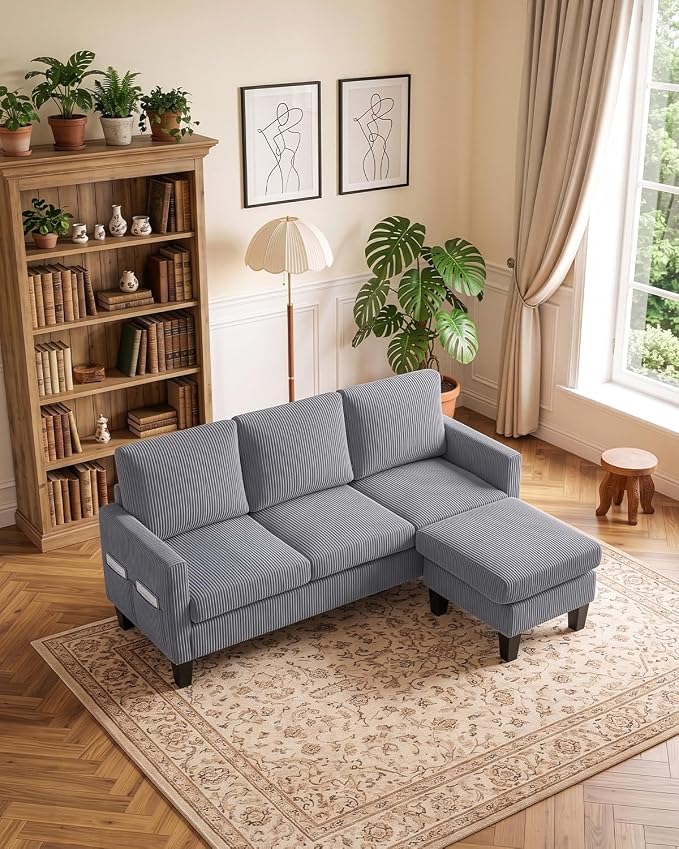 Karl home 67" Small Sectional Couch L Shaped Sofa, Grey | Movable Storage Ottoman, Corduroy Upholstered, Sofa Chaise, Side Pockets 5.9" Sofa Legs for Living Room, Apartment, Studio