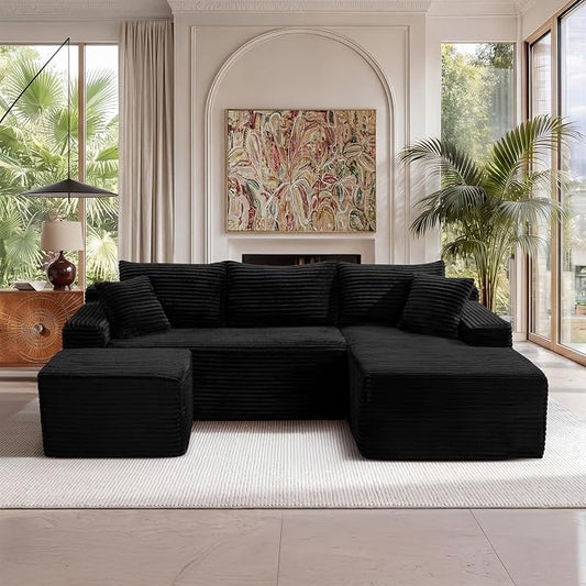 95-Inch U-Shaped Right Facing Corner Compressed Sofa Modular Sectional Boneless Cloud Sofa Floor Foam Couch W/Chaise Lounge & Ottoman, Corduroy Corner Boneless Cloud Couch