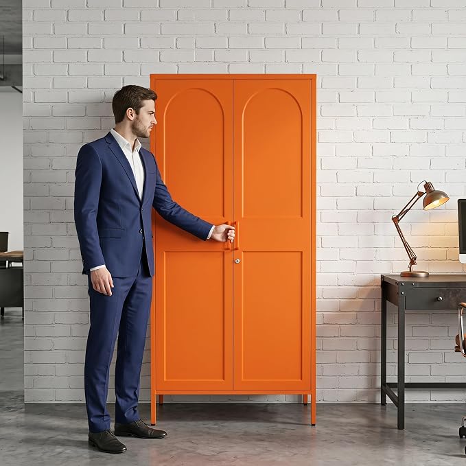 Orange Lockable Metal Storage Wardrobe, Tall Freestanding Cold Rolled Steel Cabinet with Arched Embossed Doors, Elevated Feet for Bedroom Office Storage Size：67" H x 31.5" W x 18.1" D