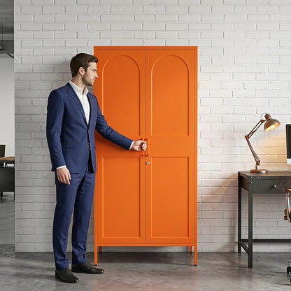 Orange Lockable Metal Storage Wardrobe, Tall Freestanding Cold Rolled Steel Cabinet with Arched Embossed Doors, Elevated Feet for Bedroom Office Storage Size：67" H x 31.5" W x 18.1" D
