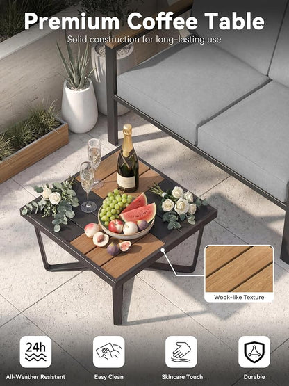 5-Piece Patio Furniture Set with Fire Pit Table & Coffee Table & Removable Washable Cushions, All-Weather Metal Frame and Wood-Like Armrests for Porch, Garden, Balcony,Grey