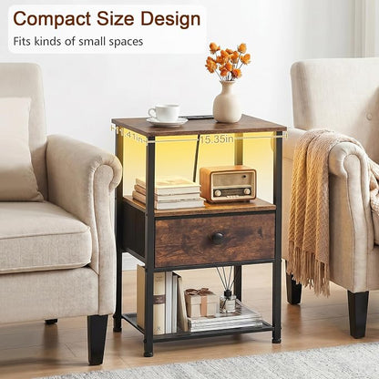 LOAKEKEL Night Stand Set 2, LED Nightstand with Charging Station, End Tables Living Room with Fabric Drawer for Small Spaces, Bed Side Tables with Storage Shelf for Bedroom, Brown, HETS01PBR