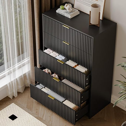 MAISONARIA 3-Piece Dresser Bedroom Set, 5 Drawer Dresser & 2 Drawer Nightstands with Gold Handles, Fluted Wood Chest of Drawers for Bedroom, Living Room, Entryway, Black