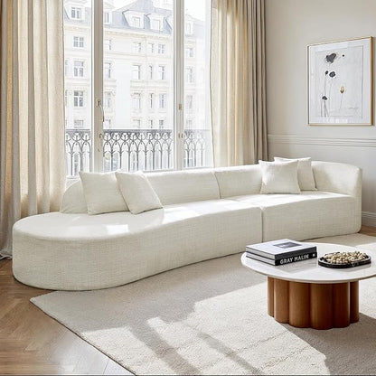 141.75" Modern Curved Compressed Sofa, All-Foam Cloud Couches with 4 Pillows, No Assembly Required Boneless Sectional Sofas, Large Floor Couch for Living Room, Ivory