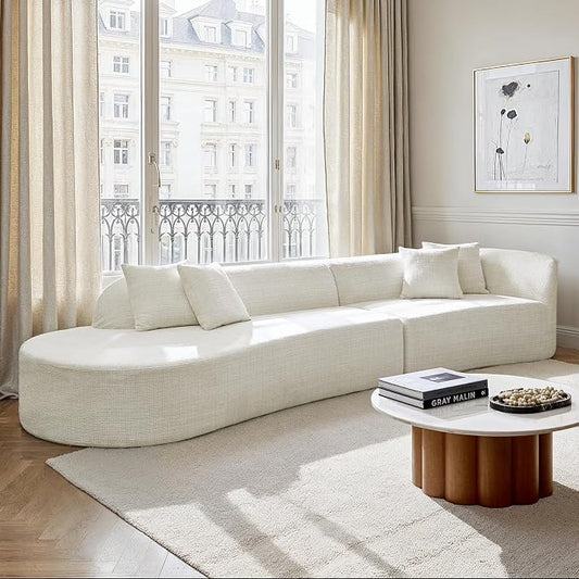 141.75" Modern Curved Compressed Sofa, All-Foam Cloud Couches with 4 Pillows, No Assembly Required Boneless Sectional Sofas, Large Floor Couch for Living Room, Ivory