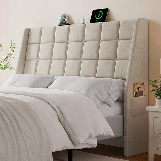 Ergonomic Upholstered Headboard Queen Size w/Charging Station, Linen Wingback Headboards w/Storage Pocket, Queen Headboard Only, Bed Frame Adapters, Sturdy Stable Solid Wood Bed Head Board, Beige