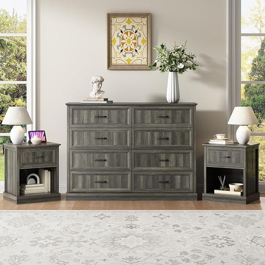 CARPETNAL Farmhouse Dresser and Nightstand Sets for Bedroom, 3 Pcs Bedroom Set, 8 Drawer Dresser & Nightstand Set of 2, Modern Wood Chest of Drawers for Bedroom, Living Room, Entryway, Grey
