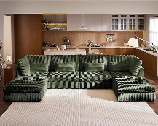 154" Oversized Corduroy Couch Modular Sectional Sofa, Washable Cloud Couch Sectional with 2 Ottoman, 6 Seater Sectional Couches for Living Room, Fully Cover Removable, U Shaped, Corduroy, Green