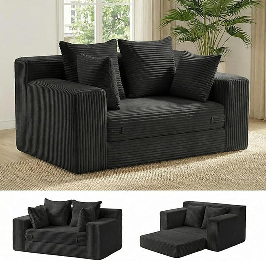 cidludto Boneless Couch Loveseat Sleeper, Convertible Sofa Bed Folding Couch Bed Foldable, 2 in 1 Boneless Chair Bed & Futon Sofa Bed, Small Pull Out Sofa with 4 Pillows for Living Room, Black