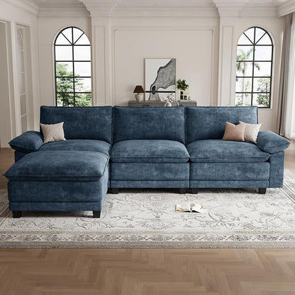 Modern L Shaped Sofa Couches for Living Room, Modular Sectional Cloud Couch with Movable Ottoman, Comfy Chenille Sofa for Apartment and Small Space,Blue