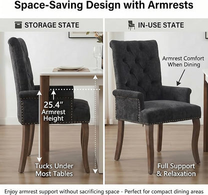 Upholstered Dining Chairs with Arms Set of 6, Black, 6 Pack | Tufted Chenille Kitchen Chairs with Arms, Modern Farmhouse Armchair with Nailhead Trim for Dining Room, Home Office