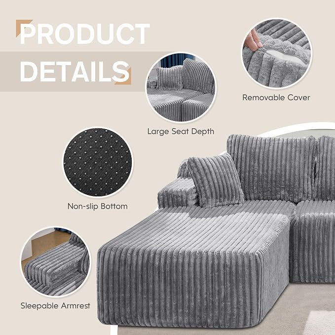 Hobestluk Boneless Couch Modular Sectional Sofa L-Shape Oversized Chaise | 108" Left Facing Chaise Light Grey,Memory Foam,Removable Cover,Non-slip Bottom,No Assemble Required,Living Room Furniture