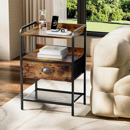 Nightstands Set of 2, Bedside Table with 1 Fabric Drawer, Open Mesh Shelf, End Table Side Table with Storage Drawer Dresser, Wear-Resistant Metal Frame, Bedroom, Rustic Brown