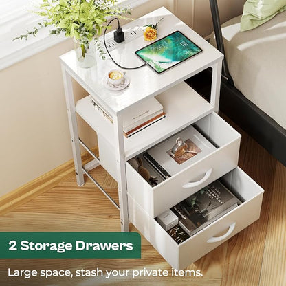 Huuger Nightstands Set of 2, End Tables with Charging Station, Side Tables with Fabric Drawers, Bedside Tables with USB Ports and Outlets, Night Stands, PU Leather, White