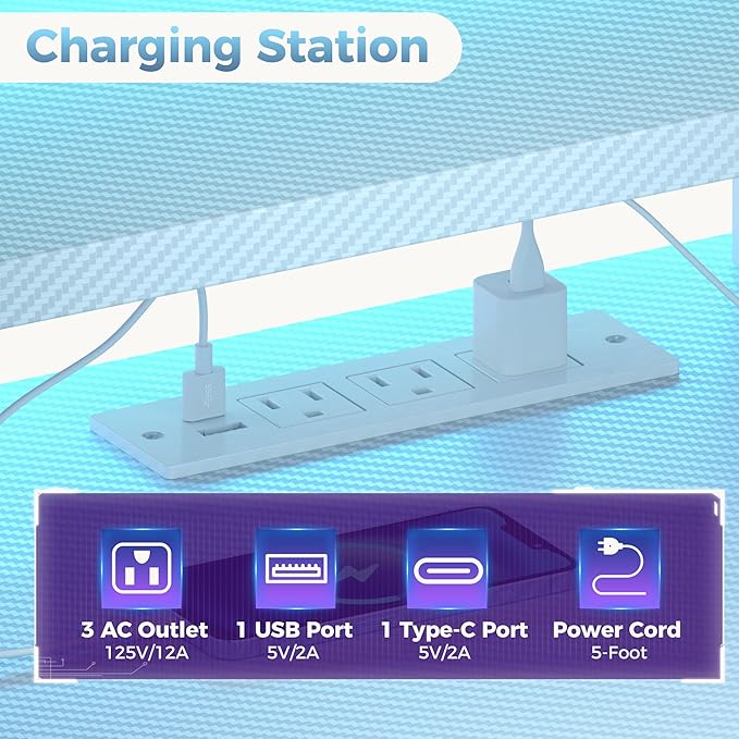 DUMOS 52” Gaming Desk with USB Charging Ports & LED Lights, Reversible Computer Desk with Drawers, PC Desk for Home Office Small Space, Gaming Table Fits PC Towers, White