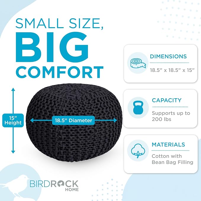 BIRDROCK HOME Round Pouf Ottoman Foot Rest - 18.5”x18.5”x15” Boho Compact Comfortable Soft Cotton Braided Foot Stool with Bean Bag Filling for Living Room, Bedroom, or Nursery (Charcoal Gray)