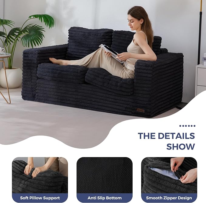 MAXYOYO Boneless Loveseat Sofa Couch for Adults, Floor Bean Bag Couch Sofa | Faux Fur Sofa with Armrests and Back Support, Plush Foam Filled Lounge Couch, Cozy Bean Bag Couch for Living Room, Apartment