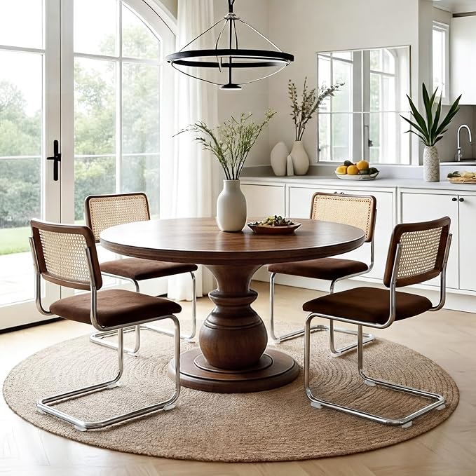 Zesthouse Rattan Dining Chairs Set of 2, Mid Century Modern Dining Room Chairs with Natural Cane Mesh & Chrome Base, Brown Cesca Chair for Kitchen, Breuer Design Inspired, Upholstered Chenille Fabric